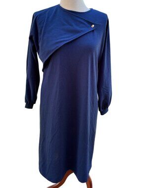 Vintage Navy Blue Long Sleeve Dress Asymmetrical Button Size 10 Wool Blend
